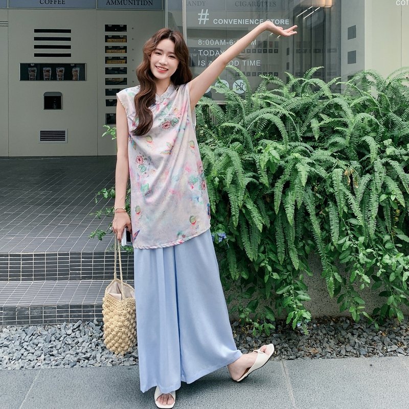 新中式国风套装女2025年夏季新款高级感印花上衣直筒阔腿裤两件套