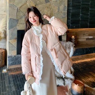 粉色可盐可甜蕾丝花边拼接羽绒服女2025冬季新款90白鸭绒保暖外套