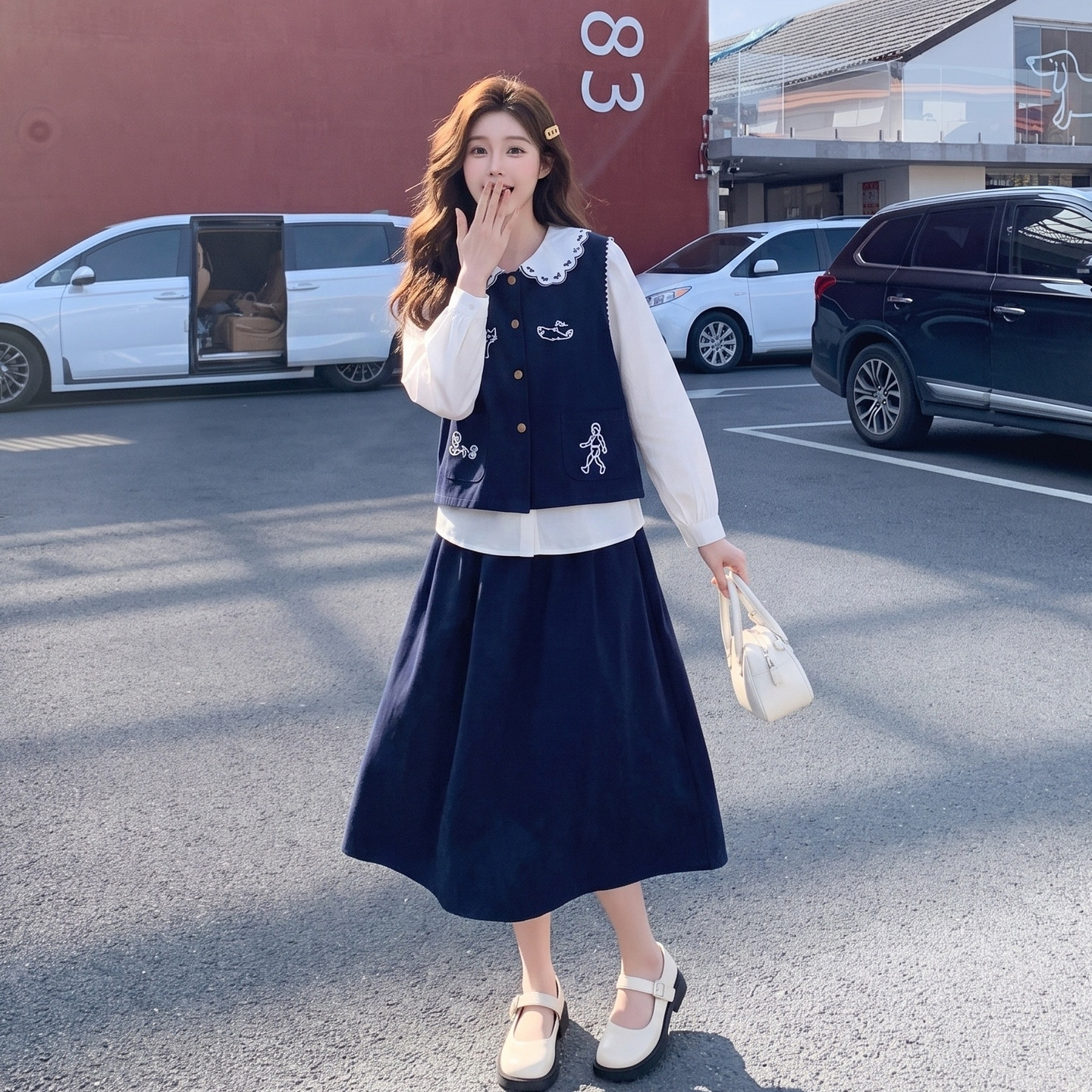 小清新甜美风娃娃领衬衫套装裙