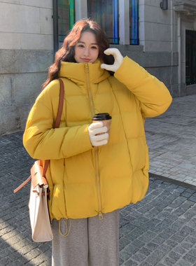 黄色轻暖设计感90白鸭绒连帽羽绒服女2025冬季新款温柔风方格外套