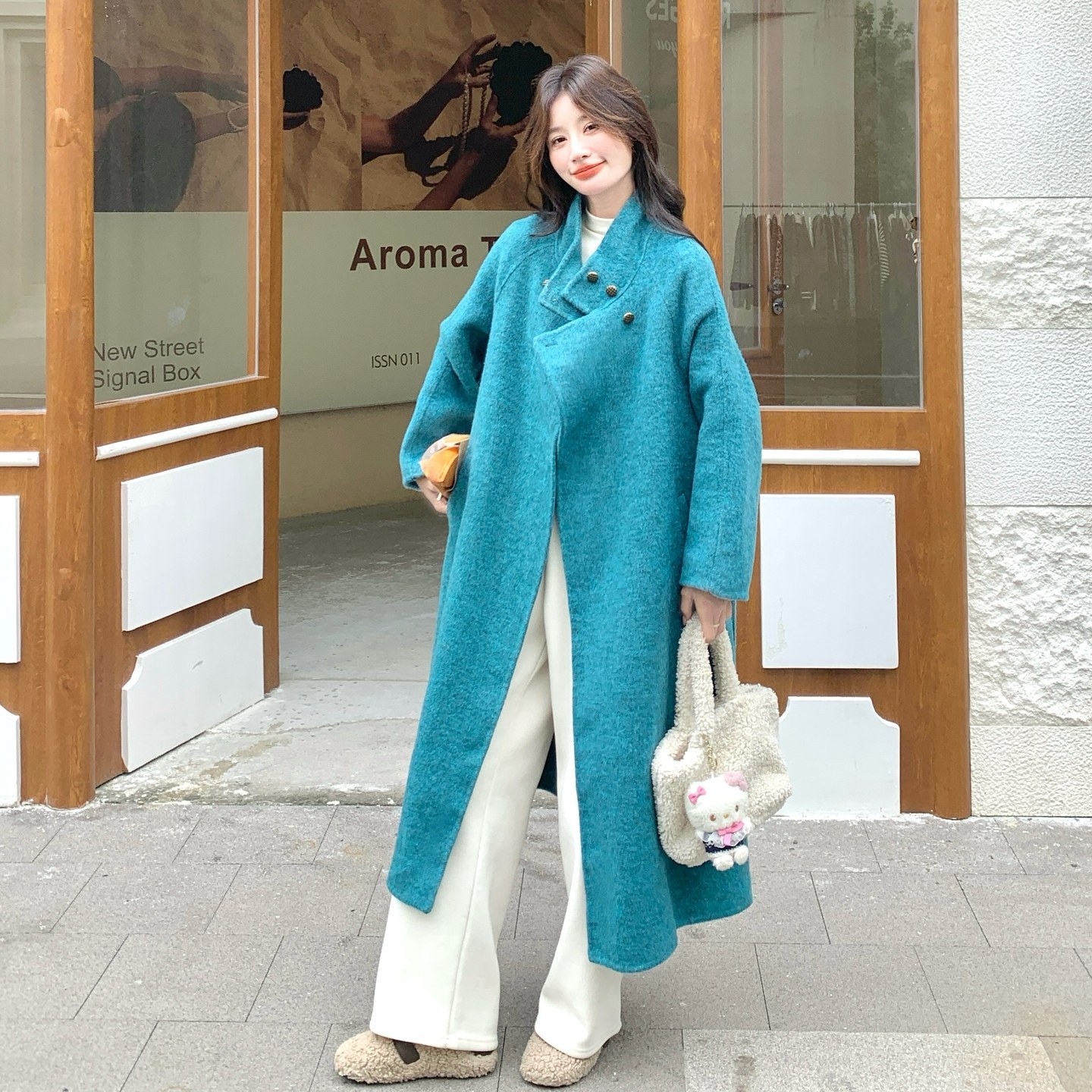 湖蓝色巨好看休闲双面呢羊毛大衣女2025年冬季新款轻熟风毛呢外套