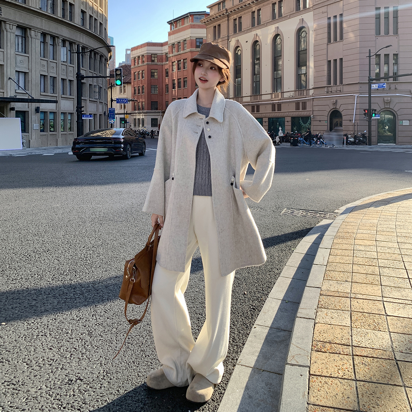 米色中长款双面呢羊毛大衣女