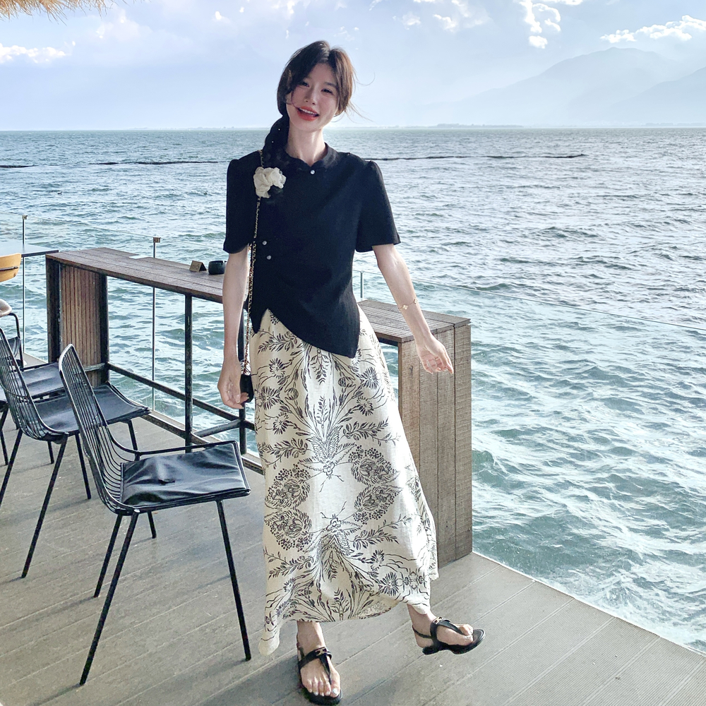 新中式国风套装裙女2025年夏季新款盘扣立领上衣印花半身裙两件套