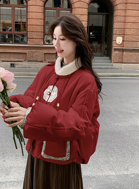 新中式国风红色羽绒服短款刺绣高端白鸭绒结婚唐装外套女红袄冬季