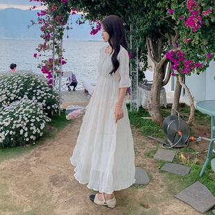 米白色氣質溫柔風收腰顯瘦連衣裙女2025夏季 超仙浪漫絕美長裙 新款