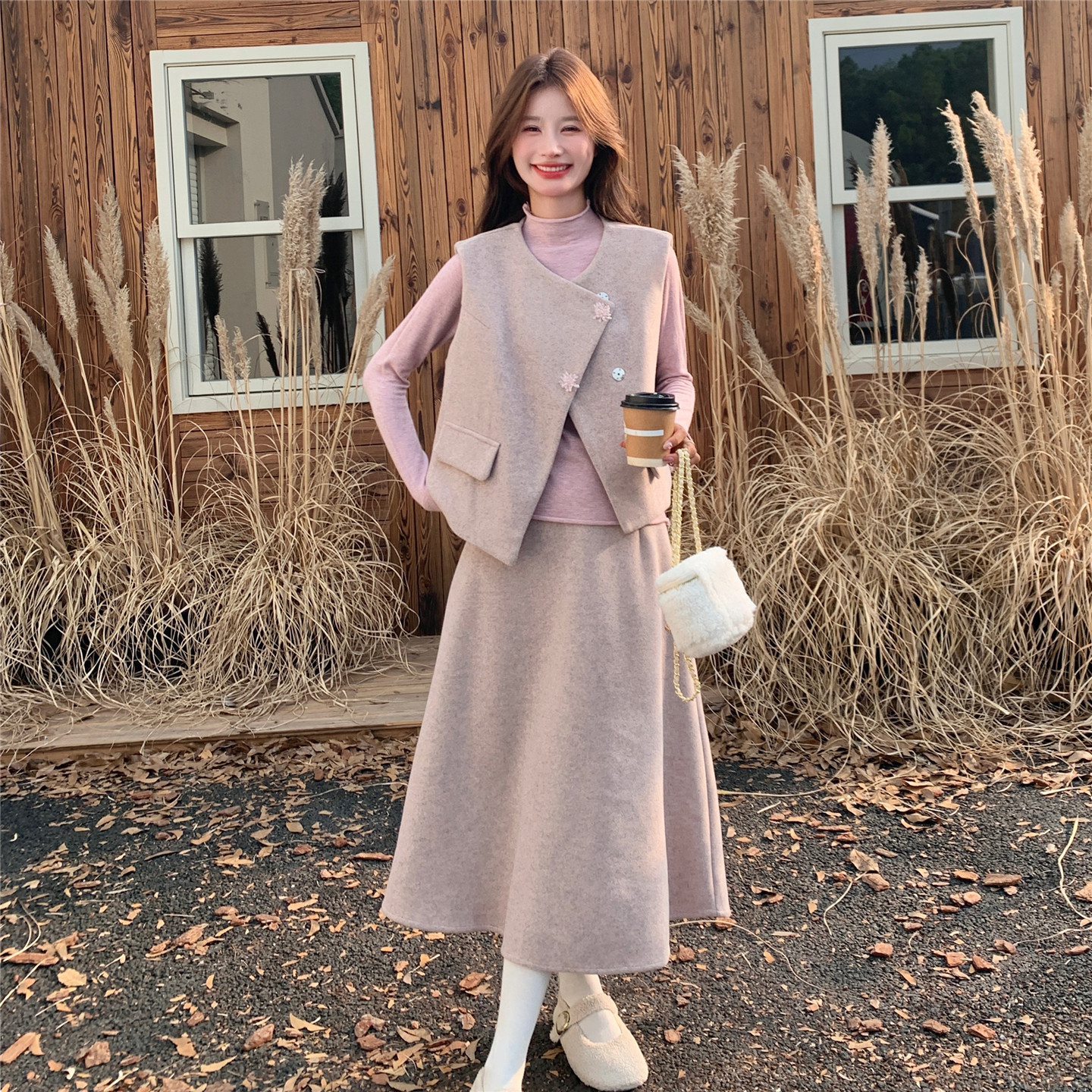 可盐可甜少女感毛呢套装裙女