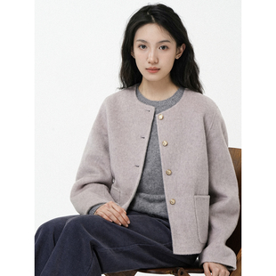 Allfree两面穿灰紫手缝双面呢外套女秋冬短款毛呢羊绒大衣小个子