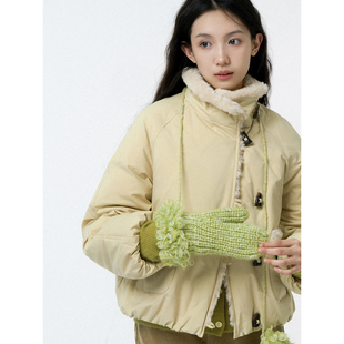 Allfree藏青/鹅黄毛翻领短款派克羽绒服小个子显瘦三防羽绒外套女