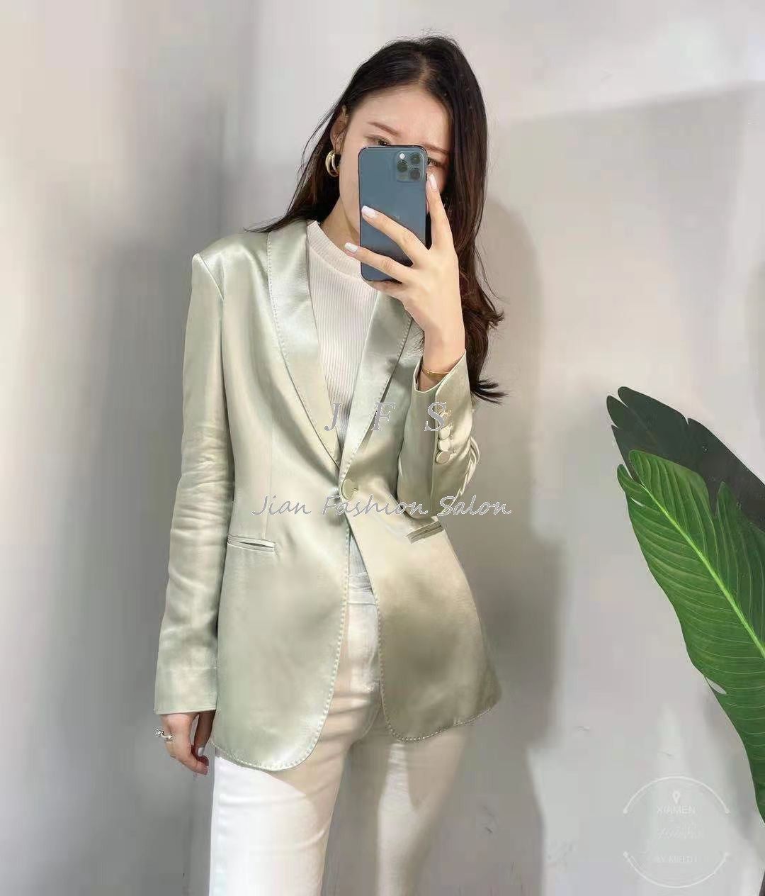 JFS修身西装新款真丝缎青稞