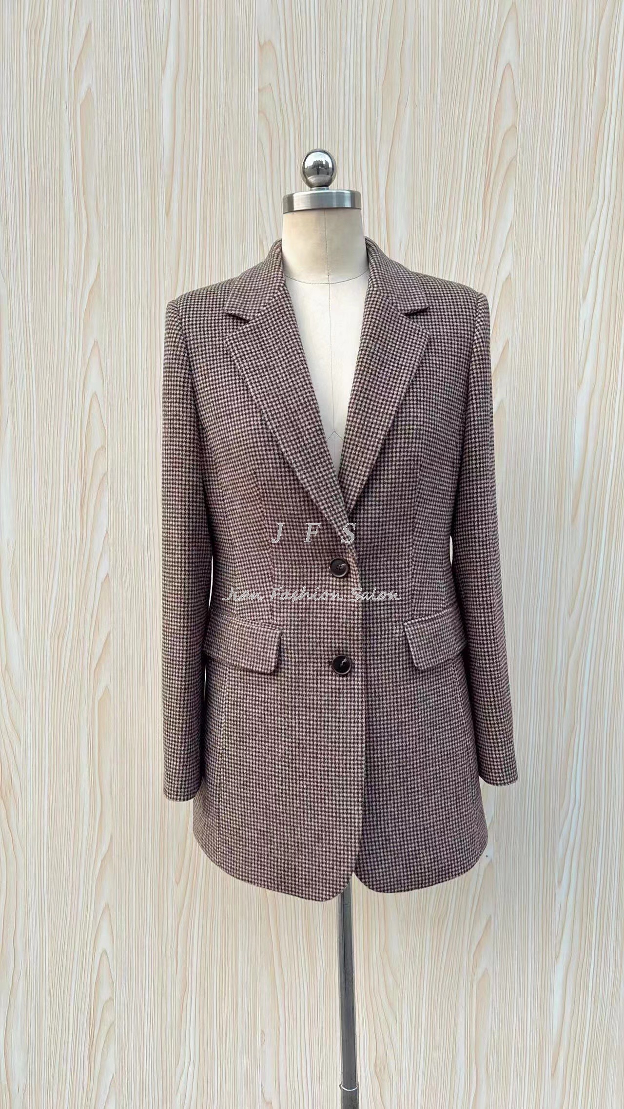 JFS2022新款秋冬千鸟格羊毛西装外套女复古气质毛呢西服上衣