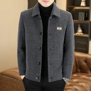 潮流夹克 加绒加厚翻领休闲呢子大衣男短款 秋冬季 格子毛呢外套男士