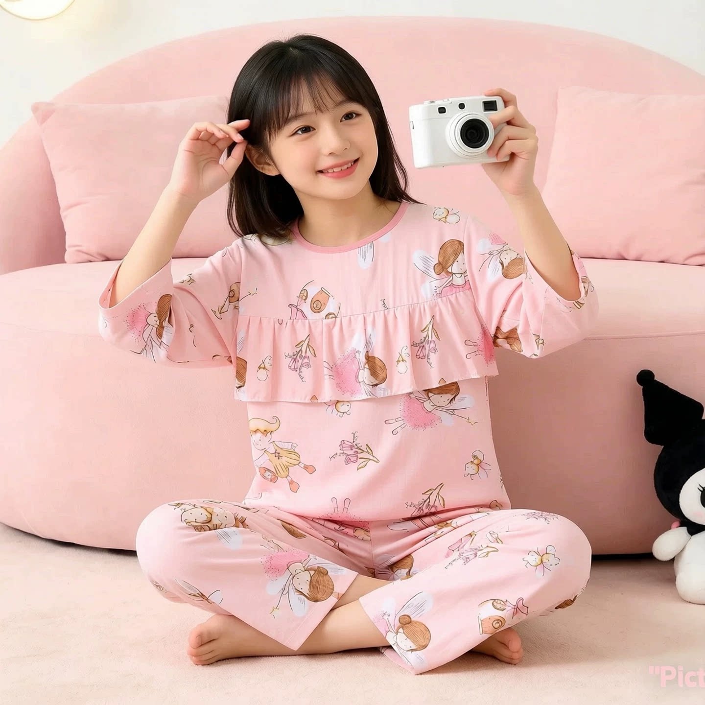 防凸点儿童睡衣女孩女童棉绸中袖空调夏季薄款绵绸大童家居服套装