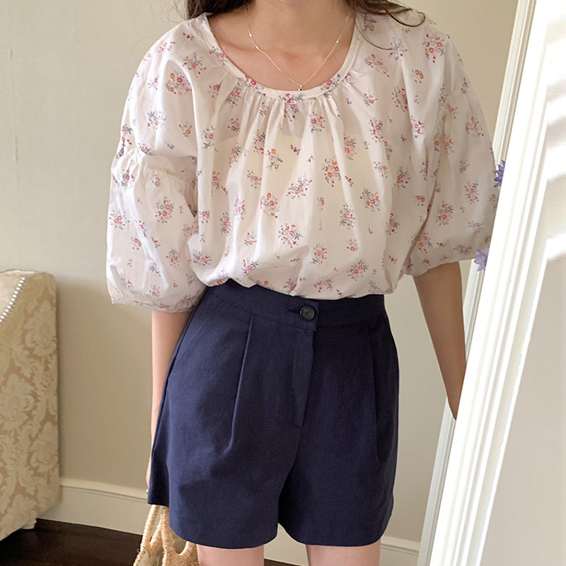 市舶司法式浪漫碎花现货韩国女装2023夏新纯色宽松五分袖波点衬衫