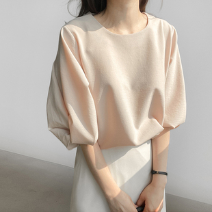 韩国女装 2024夏装 新款 市舶司扭结灯笼袖 简约精致五分袖 气质衬衫