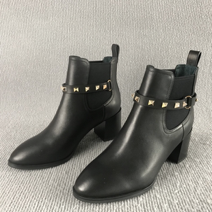 安瑪莉正品 尖頭粗跟套筒瘦瘦靴真皮通勤短靴女 撤柜處理秋冬季 斷碼