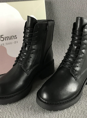 38.39码品牌女靴断码处理修身百搭英伦风马丁靴春秋系带百搭单靴