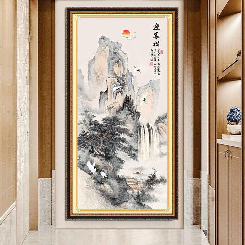 KS色系新款客厅玄关竖版迎客松水墨画简约现代轻奢满绣印花十字绣
