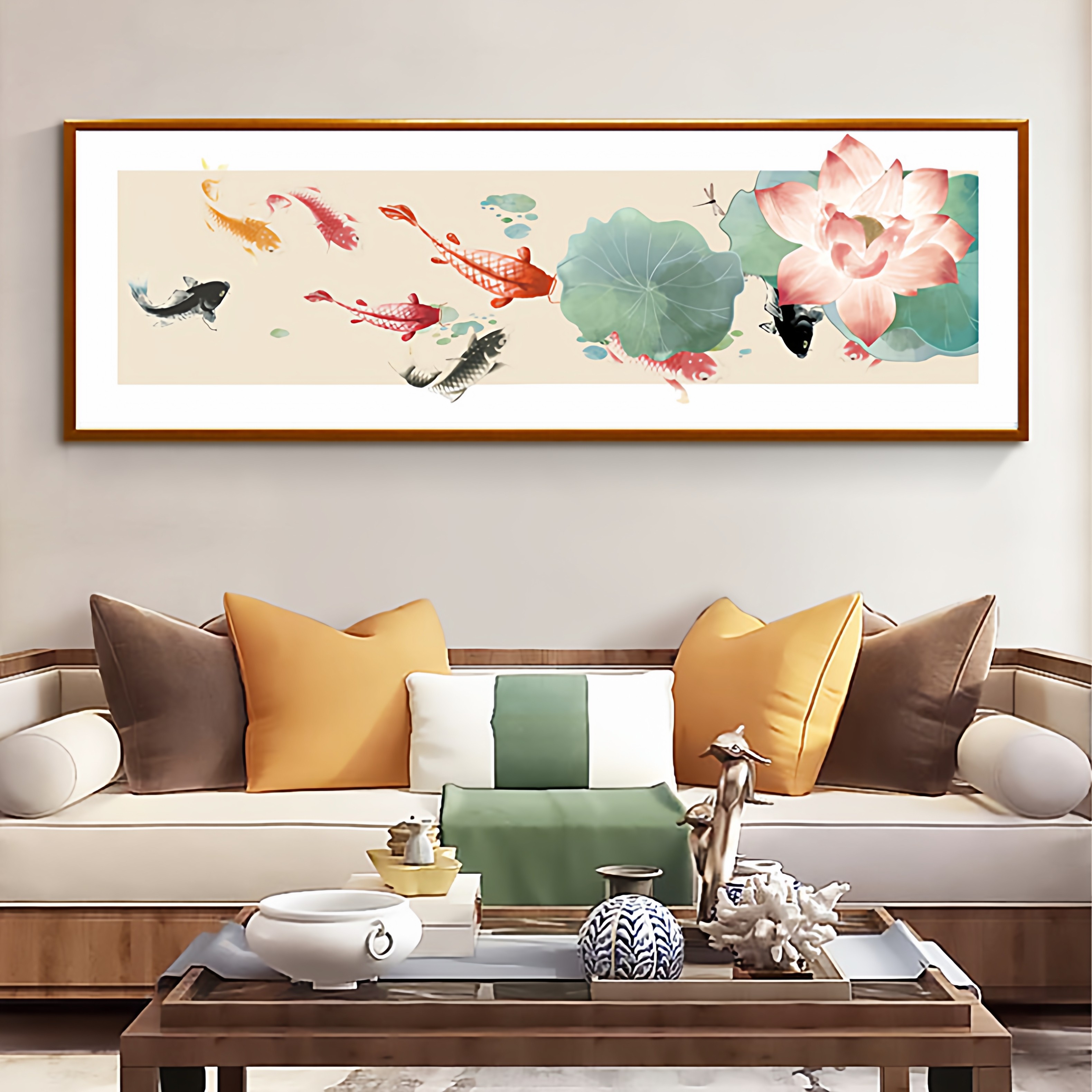 KS色系新款客厅卧室大幅水墨荷花九鱼图墨韵国风画简约现代十字绣