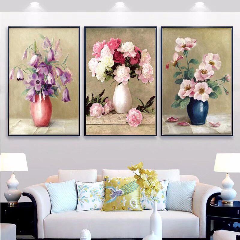KS色系新款客厅卧室现代花卉满绣花瓶三联画竖款大幅印花十字绣