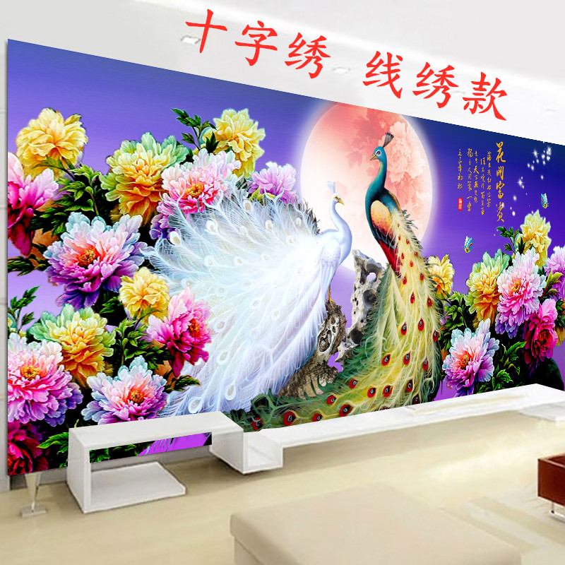 ks客厅白孔雀牡丹花好月圆十字绣