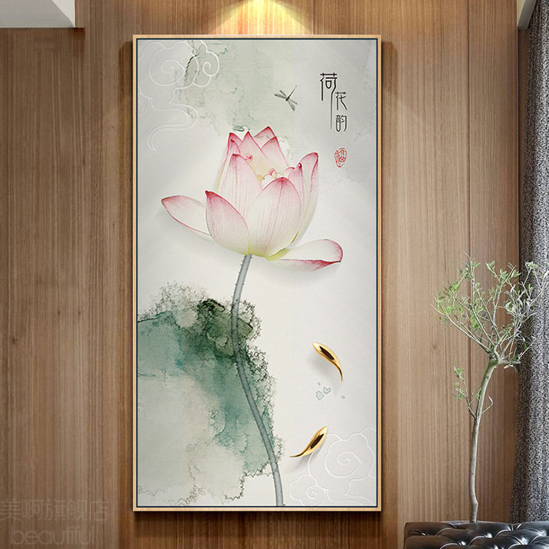 KS色系新版客餐厅玄关竖版水墨荷花韵简约现代手工自贴满贴钻石绣