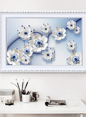 KS色系新款客厅餐厅简约现代蓝色浮雕花卉简单贴钻绣手工满钻石画