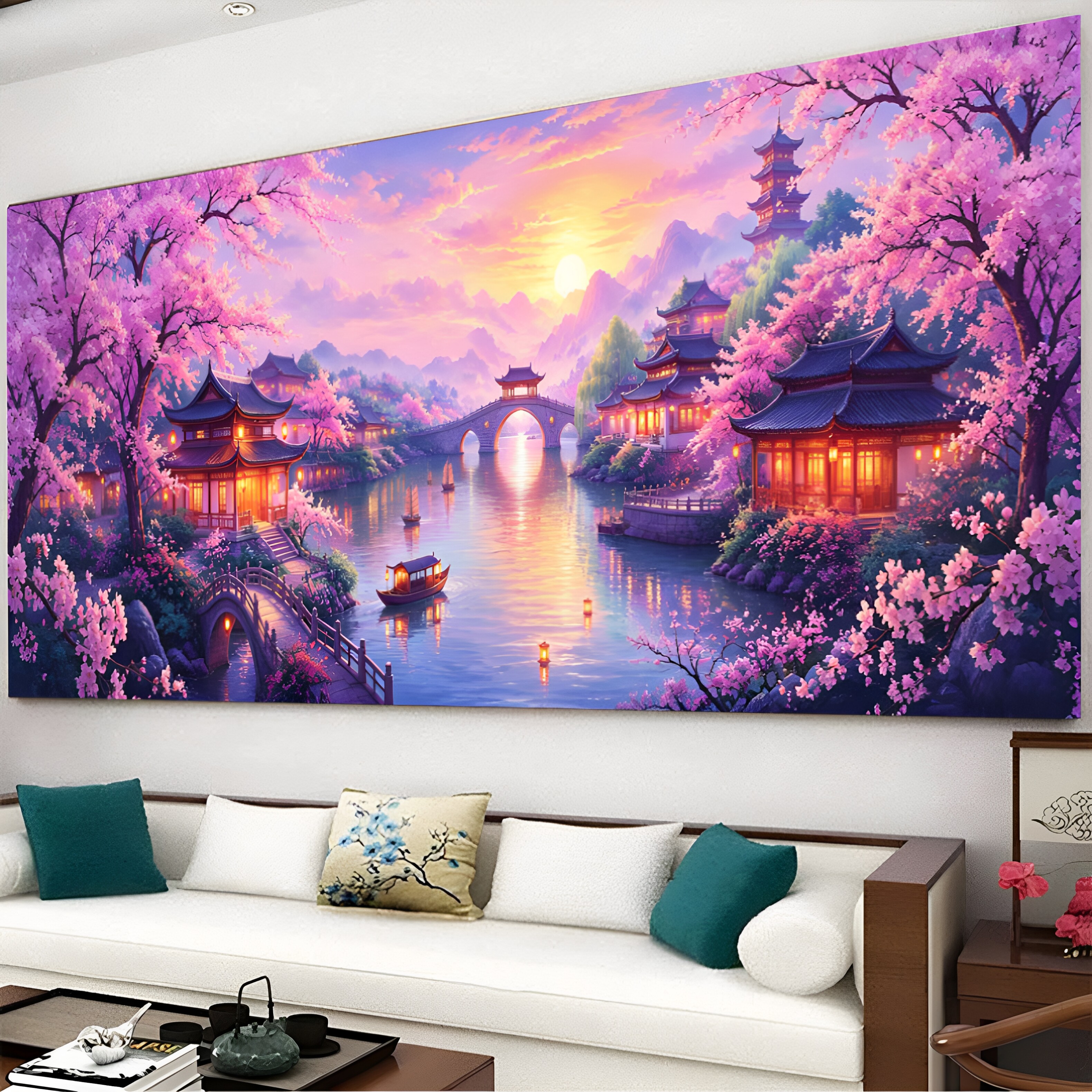 KS色系新款客厅大幅风景春暮江南简约现代山水画满绣印花十字绣