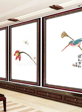 ks客厅三联画水墨荷花翠鸟十字绣