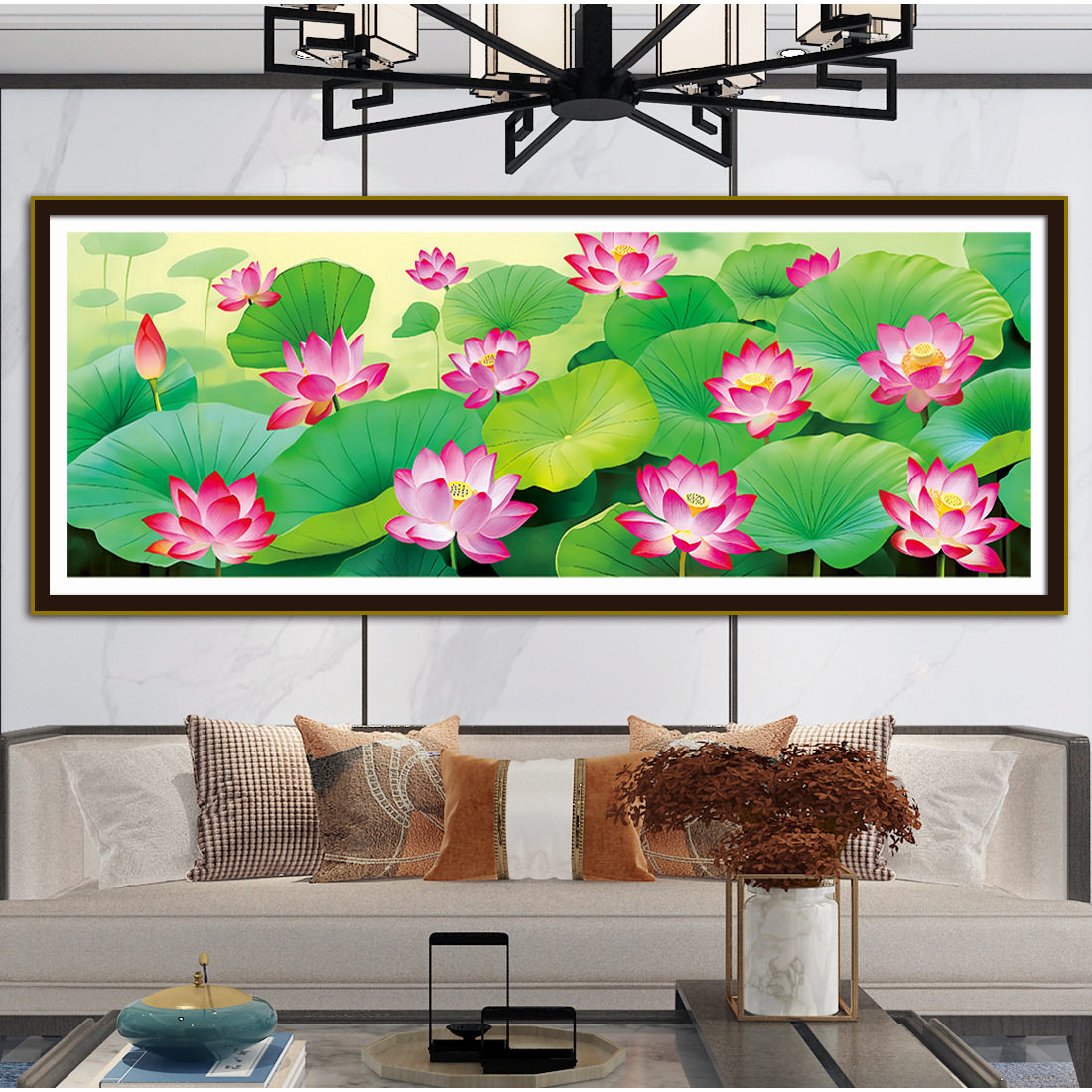 KS色系新款客厅办公室荷塘清趣荷花大幅花卉植物风景画满绣十字绣