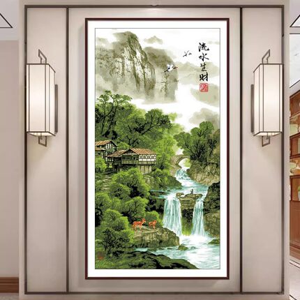 KS色系客厅玄关竖款山水风景寓意好新版流水生财满线绣印花十字绣