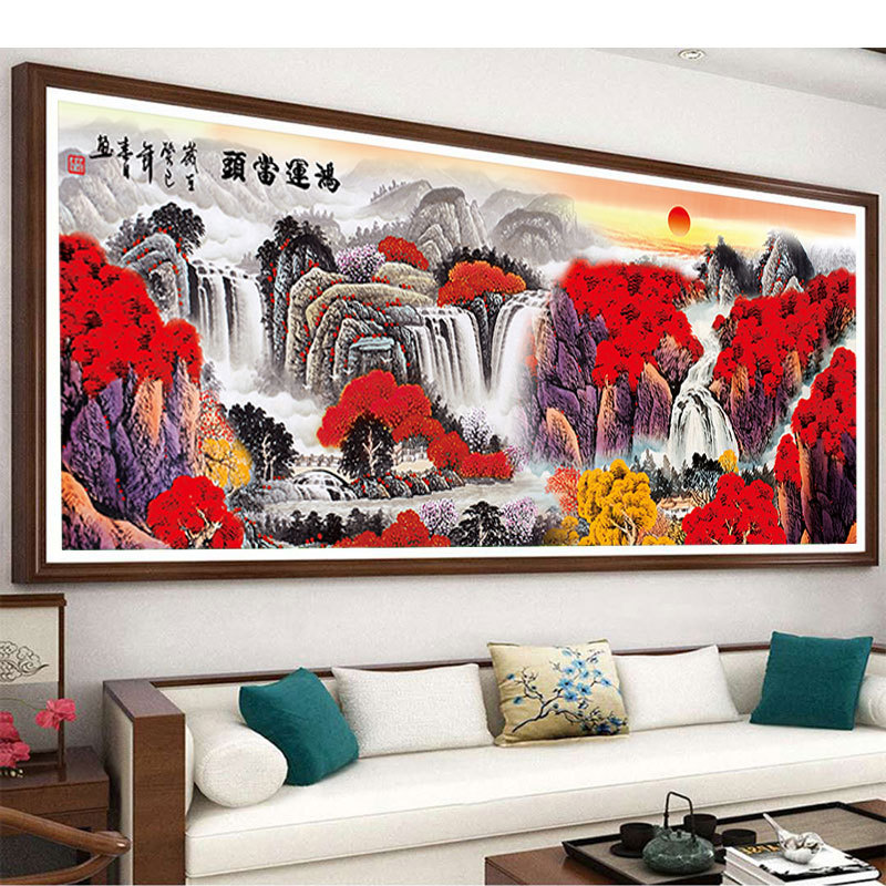 KS色系新款客厅大幅现代风景山水画鸿运当头紫气东来满线绣十字绣