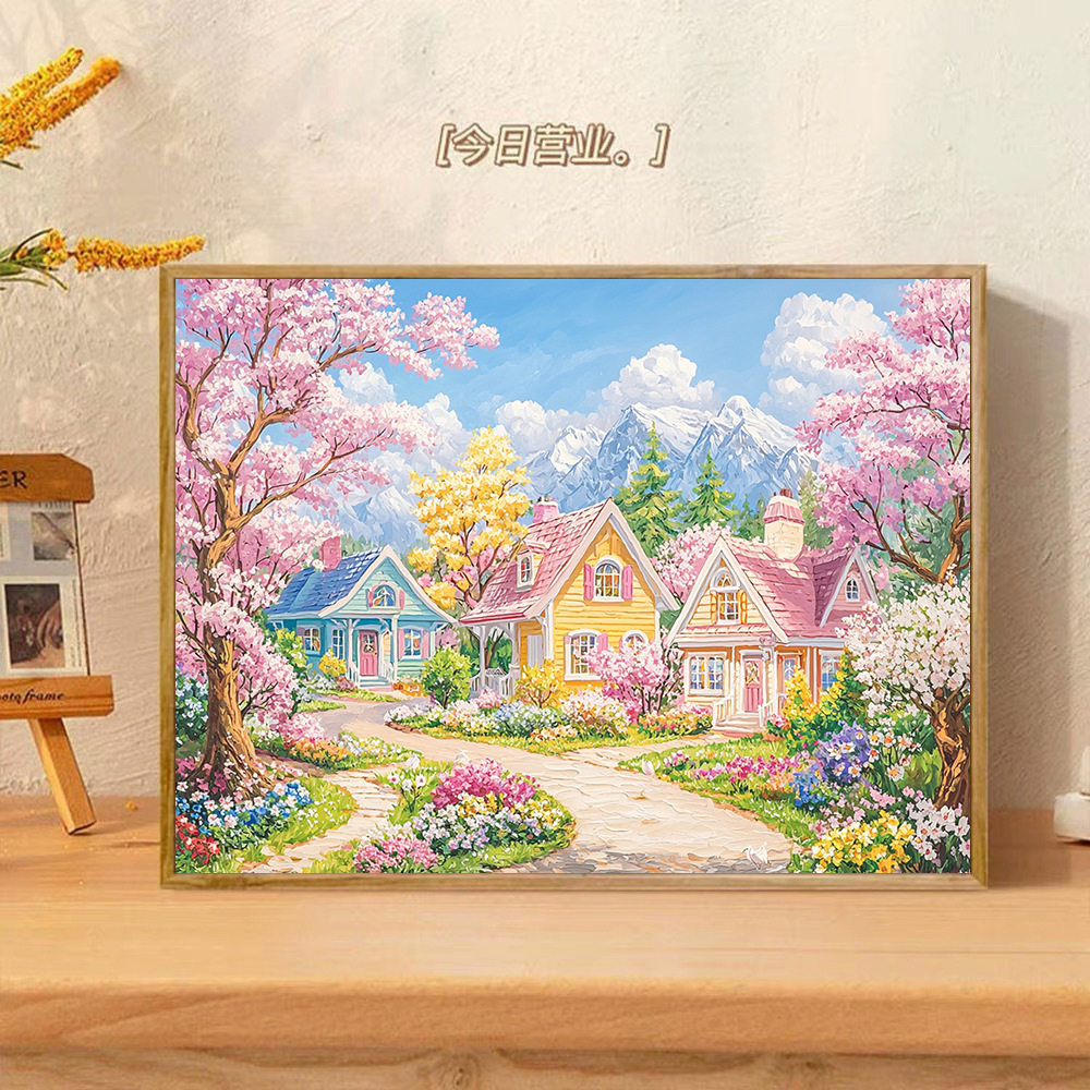 KS色系新款客厅卧室唯美油画樱花小屋风景大格棉线刺绣印花十字绣