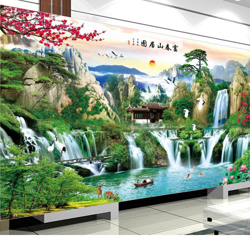 KS色系新款客厅大幅简约山水风景画富春山居图流水生财满绣十字绣