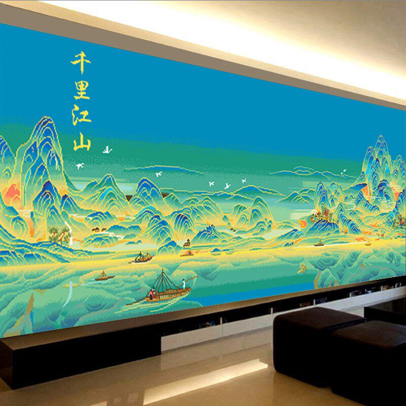 KS色系新款客厅大幅风景山水蓝色梦幻千里江山高端满绣印花十字绣