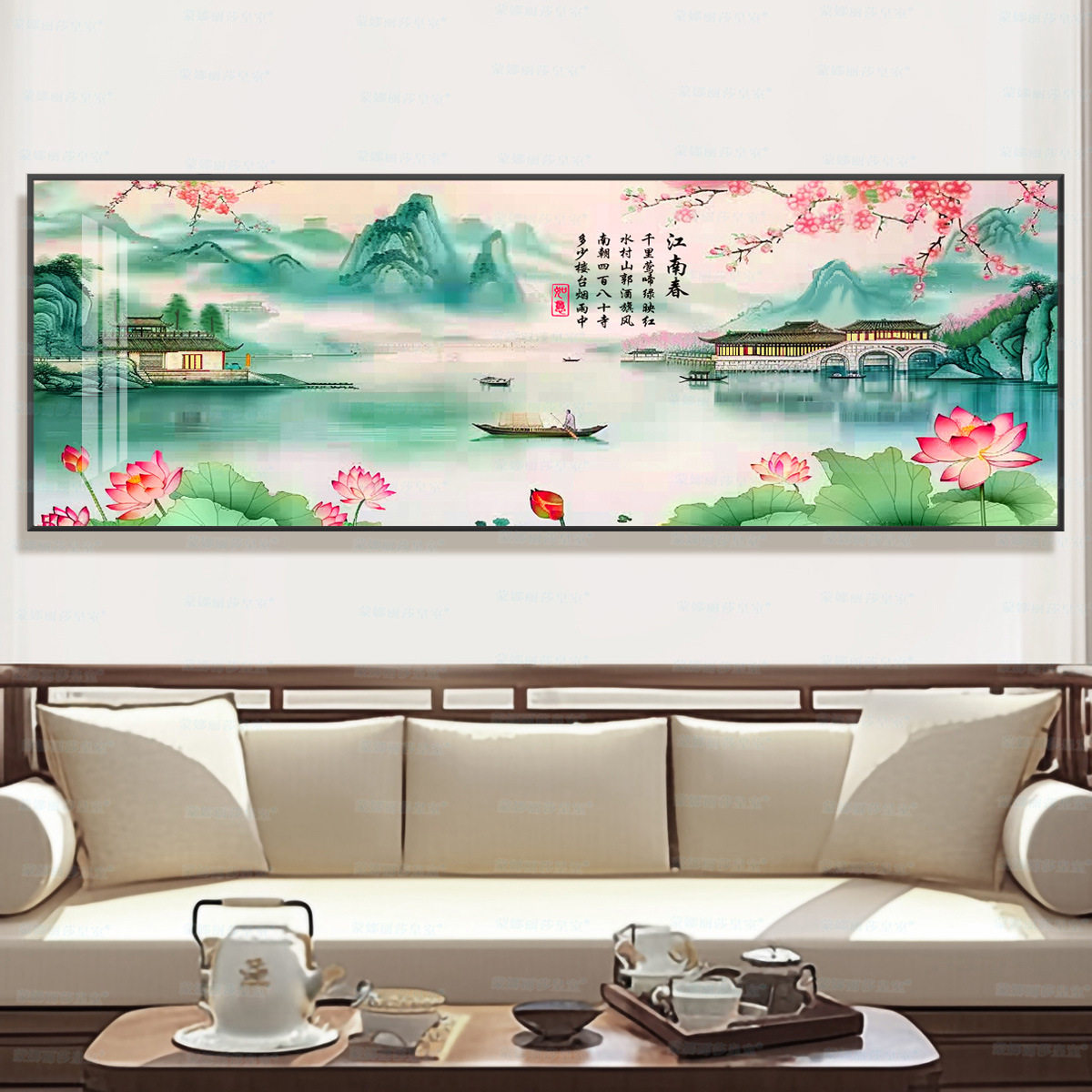 KS色系新款客厅大幅风景江南春色清新淡雅荷花古韵满绣印花十字绣