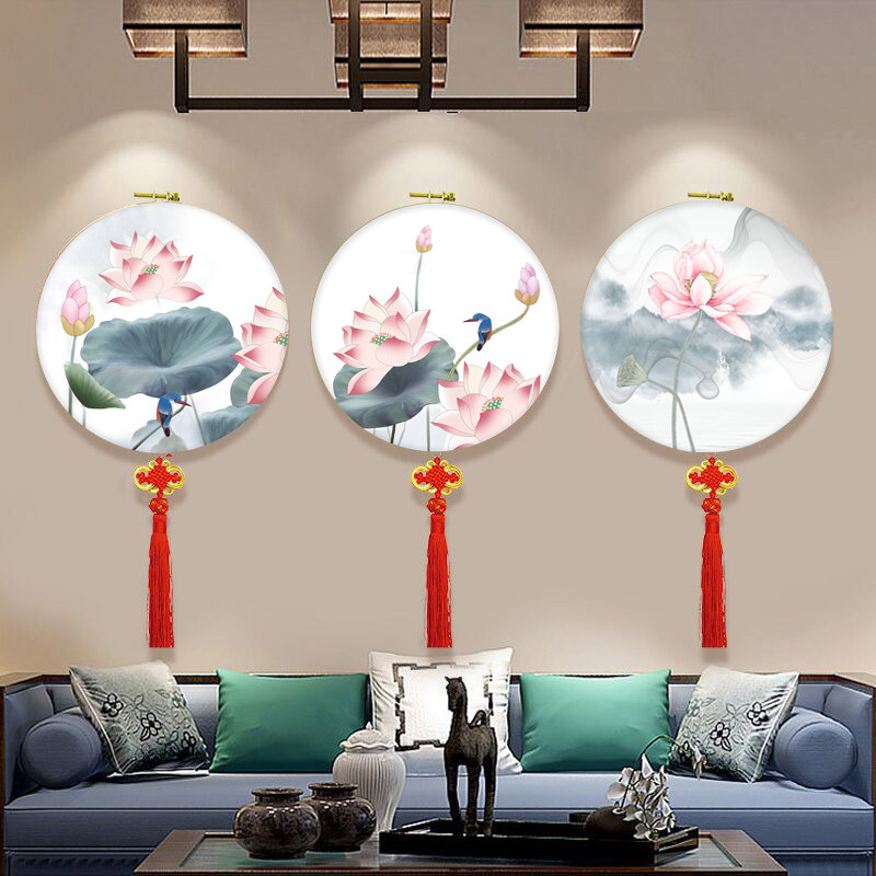 KS色系新款客厅书房小幅风景荷花韵三联画免装裱带框手工满钻石绣