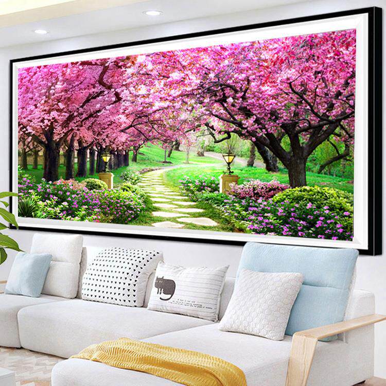 KS色系新款客厅大幅风景画花卉樱花园爱情简约现代满绣印花十字绣