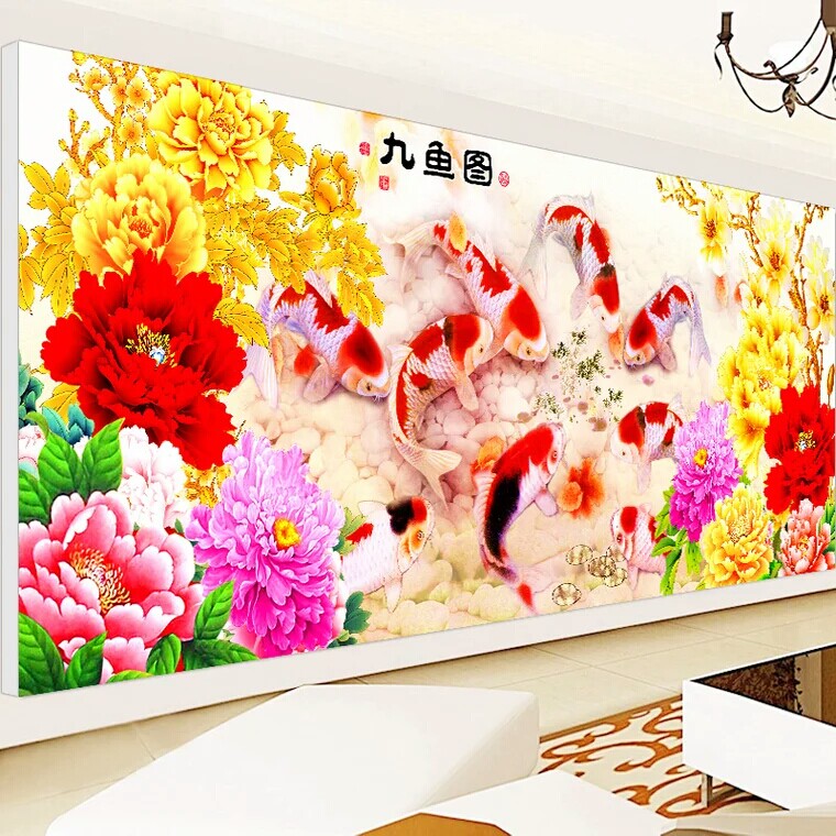 ks色系新款九鱼图贴钻十字绣花开富贵牡丹手工自己贴全满绣钻石画