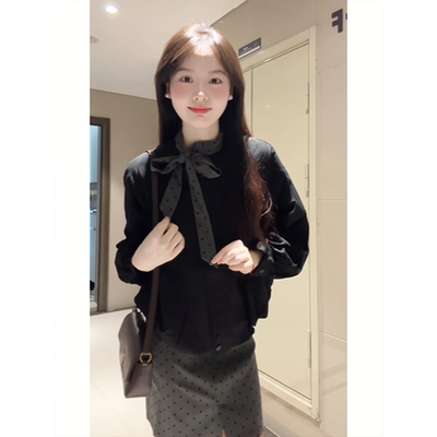 蝴蝶结衬衫灰色波点半裙两件套