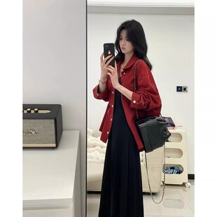 初秋装穿搭配一整套大码微胖梨型身材显瘦红色外套连衣裙两件套装