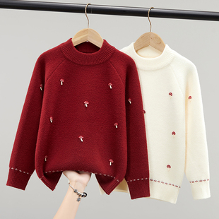 女童毛衣加厚本命年红毛衣2025秋冬新款中大童毛衣打底衫线衣洋气