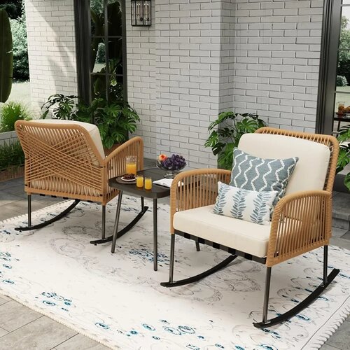 Boho Patio Rocking Chairs Set of 2 with Coffee Table,3 Piec