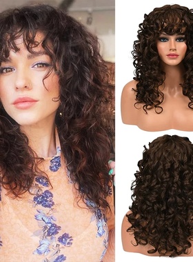 Curly Wig with Bangs for Women Long 16Inch Kinky Wigs with