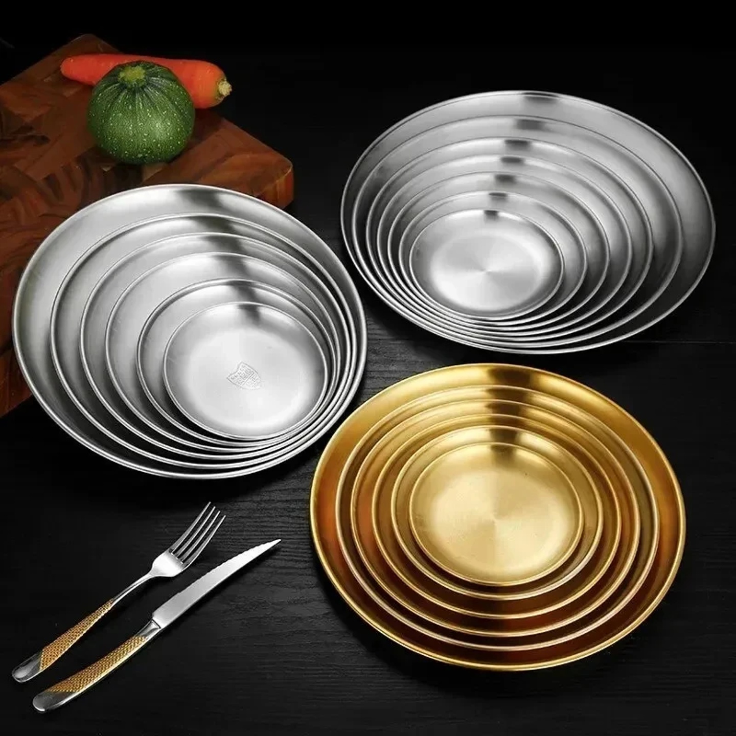Stainless Steel Round Dining Plate Gold Silver Pasta Steak