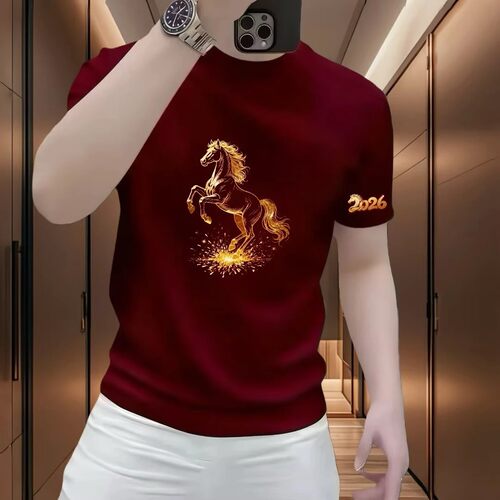 Horse Golden Print Short Sleeve Men's Crew Neck Base T-shirt