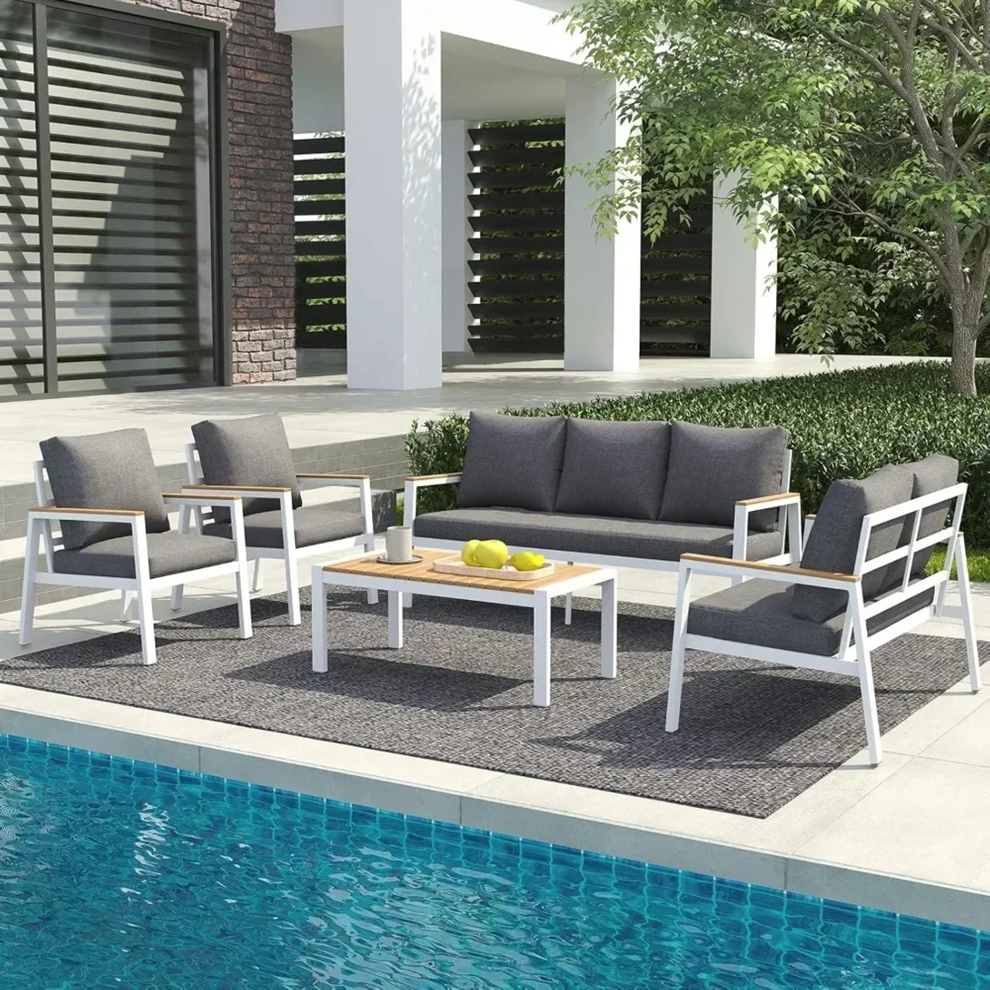 Patio Furniture Set 5 Pieces with Teak Coffee Table & Cushi