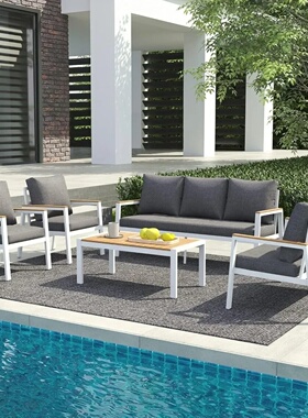 Patio Furniture Set 5 Pieces with Teak Coffee Table & Cushi
