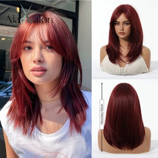 Red Synthetic Wigs with Bangs Medium Length Layered Wig Hair
