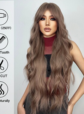 Super Long Curly Wavy Brown Synthetic Wigs with Bangs Cospl