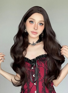 Dark brown synthetic wig with a middle part and long flowin